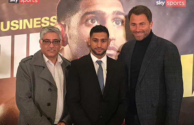 Amir Khan (center), with his Dad (left) & Eddie Hearn (right) at the Dorchester Hotel, London for his Press Conference announcing 3-fight deal with MatchRoom Boxing.