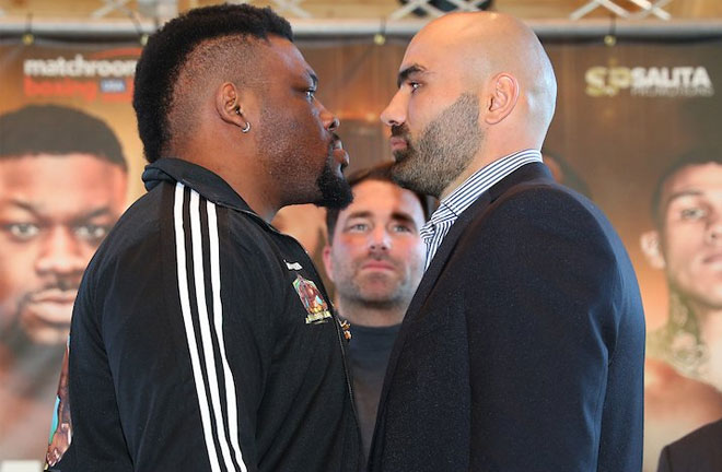 Miller-Dinu face off at presser. Photo Credit: BoxingScene.com