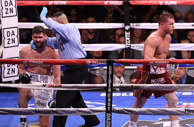 Canelo stops Rocky Fielding in round 3. Photo Credit: Bloody Elbow