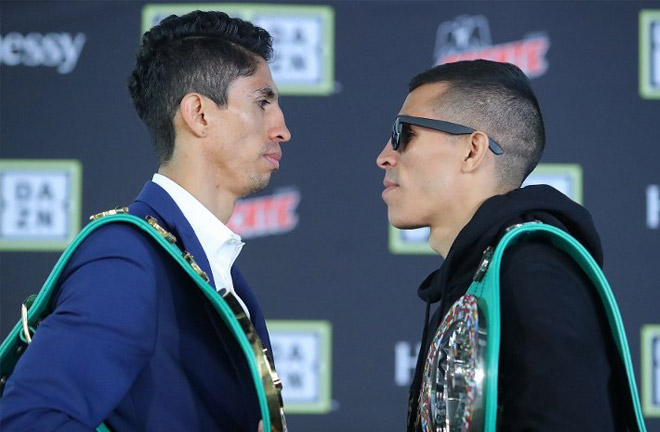 Vargas-Manzanilla face off at Press Conference. Photo Credit: Boxing Scene