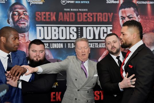 The unbeaten Heavyweights were separated after tensions boiled over at the first press conference Photo Credit: Reuters