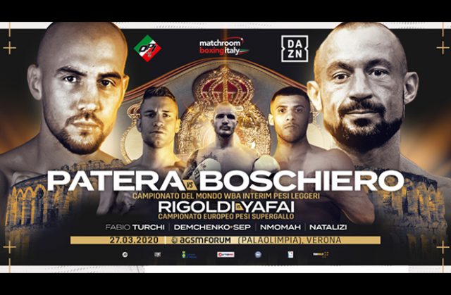 Francesco Patera clashes with Devis Boschiero for the Interim WBA Lightweight World Title in Verona on 27th March Photo Credit: Matchroom Boxing