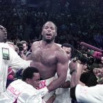 Lennox Lewis celebrating his win over Hasim Rahman, (Harold Knight pictured far right) Photo Credit: Hannibal Boxing