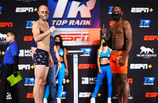 Pedraza and LesPierre weighed in ahead of their rescheduled bout. Photo Credit: Mikey Williams / Top Rank