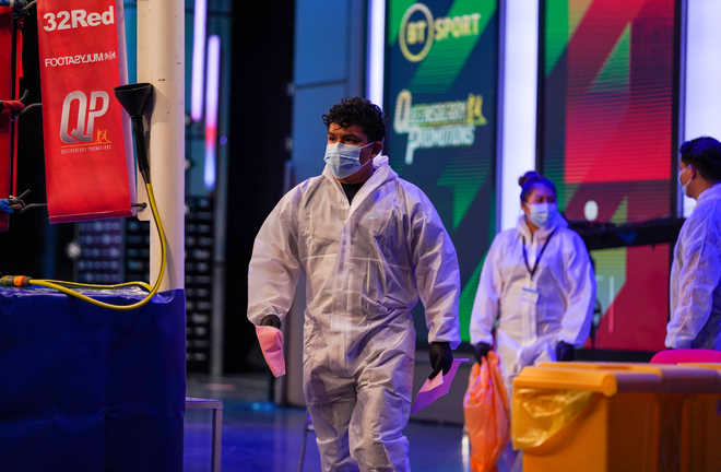 Staff at BT Sport Studios were dressed in full PPE in line with measures set by the board of control Photo Credit: Queensberry Promotions