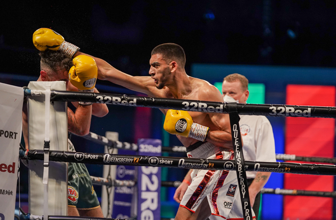Hamzah Sheeraz proved far too strong for Paul Kean on route to retaining his WBO European strap Photo Credit: Queensberry Promotions