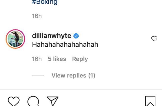 Dillian Whyte responds to Daniel Dubois call out via the Pro Boxing Fans Instagram page.