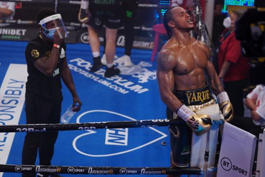 Anthony Yarde celebrates after stopping Dec Spelman at York Hall on Saturday Photo Credit: Round 'N' Bout Media / Queensberry Promotions