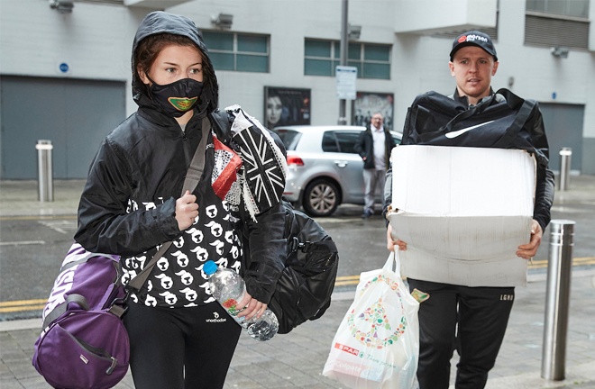 Amy Timlin arrived in Wembley alongside coach Kieran Farrell for her Commonwealth title battle Photo Credit: Mark Robinson/Matchroom Boxing