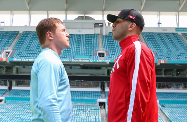 Canelo Alvarez and Avni Yildirim came face-to-face on Monday ahead of their Super Middleweight world title clash in Miami on Saturday Photo Credit: Ed Mulholland/Matchroom