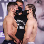 Florian Marku and Rylan Charlton stared each other down ahead of their eagerly-anticipated Welterweight clash Photo Credit: Mark Robinson/Matchroom Boxing