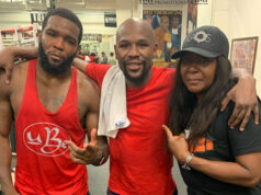 Denis Douglin alongside Floyd Mayweather Jr and his mum and trainer after a 2am sparring session last year Photo Credit: Instagram @mommasboy_denis