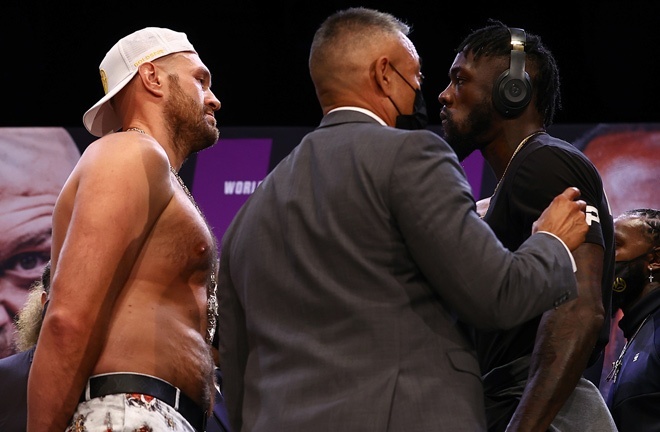 Wilder and Fury came face-to-face at Tuesday's press conference ahead of their trilogy on July 24 Photo Credit: Mikey Williams/Top Rank via Getty Images