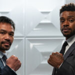 Manny Pacquiao and Errol Spence Jr pictured at the first press conference on Sunday ahead of their world title showdown on August 21st Photo Credit: Ryan Hafey/Premier Boxing Champions