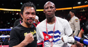 Yordenis Ugas and Manny Pacquiao embraced after their fight in Las Vegas on Saturday night Photo Credit: Sean Michael Ham/TGB Promotions