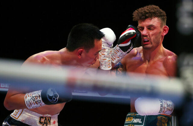 A Life-Changing performance from Leigh Wood saw him overcome Xu Can to become the new WBA World Featherweight Champion last night at Matchroom HQ. Photo Credit: Matchroom Boxing.