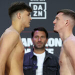 Hedges and Thomas came face-to-face at Friday’s weigh-in Photo Credit: Mark Robinson/Matchroom Boxing