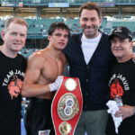 Brock Jarvis alongside his team and promoter, Eddie Hearn after picking up the IBF Inter-Continental lightweight title Photo Credit: Ed Mulholland/Matchroom