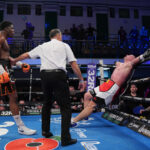 David Adeleye continues his journey in the heavyweight division as he forced his opponent, Dominik Musil , to retire at the end of a punishing fourth round. Photo Credit: Frank Warren/Queensberry Promotions.