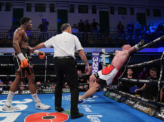 David Adeleye continues his journey in the heavyweight division as he forced his opponent, Dominik Musil , to retire at the end of a punishing fourth round. Photo Credit: Frank Warren/Queensberry Promotions.