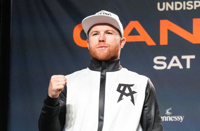 Canelo Alvarez pictured at Wednesday's press conference ahead of Saturday's undisputed title showdown with Caleb Plant Photo Credit: Sean Michael Ham/TGB Promotions