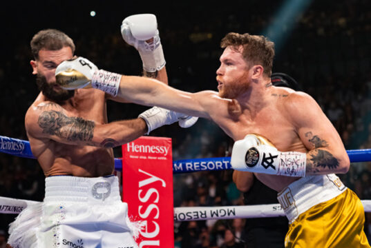 Canelo Alvarez stopped Caleb Plant in the eleventh round to become undisputed super middleweight champion in Las Vegas on Saturday night Photo Credit: Ryan Hafey / Premier Boxing Champions