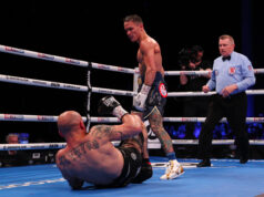 Josh Warrington claimed the IBF Featherweight Title defeating Kiko Martinez with a 7th round TKO win after dropping him in the first round. Photo Credit: DAZN Twitter/ Matchroom Boxing.