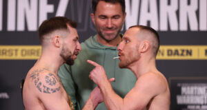 Maxi Hughes and Ryan Walsh shared an intense face-off at Friday's weigh-in Photo Credit: Mark Robinson/Matchroom Boxing