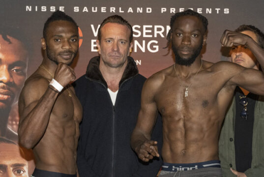 Linus Udofia and Denzel Bentley clash for the vacant British middleweight title in London on Friday Photo Credit: Leigh Dawney/Wasserman Boxing