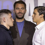 Paro and Jarvis face-to-face alongside promoter Eddie Hearn Photo Credit: Darren Burns/Matchroom Boxing