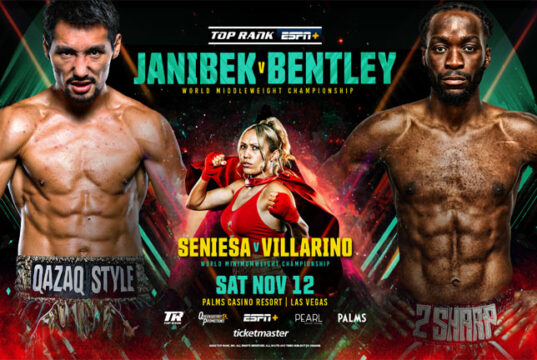 Janibek Alimkhanuly defends his WBO middleweight world title against Denzel Bentley in Las Vegas on Saturday Photo Credit: Top Rank Boxing