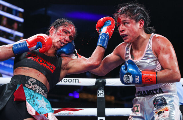 Last night, Amanda Serrano defeated Erika Cruz at War in New York to become the undisputed featherweight champion of the world.  Photo source: Boxing in the match room
