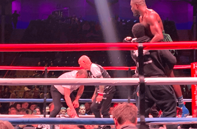 Ohara Davies hit Lewis Ritson in the 9th period, leaving Sandman unable to beat the count and give Davies the victory.  Photo credit: @LetsGoManage (Twitter).