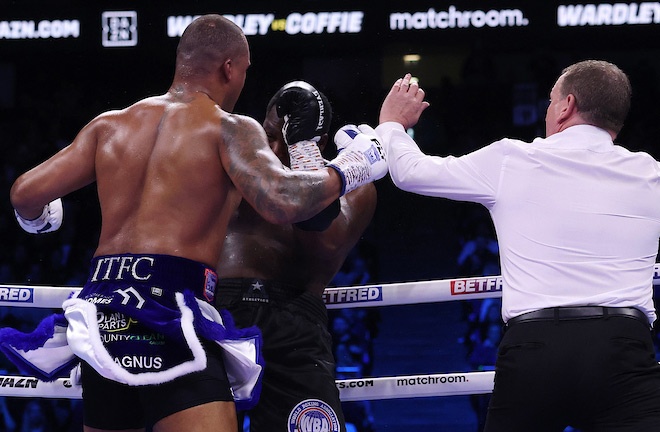 Referee Howard Foster waved off the contest after Wardley unloaded combinations on Coffie Photo Credit: Mark Robinson/Matchroom Boxing