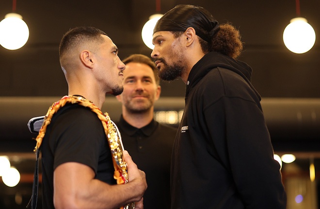 Opetaia and Thompson face-to-face in London on Wednesday Photo Credit: Mark Robinson/Matchroom Boxing