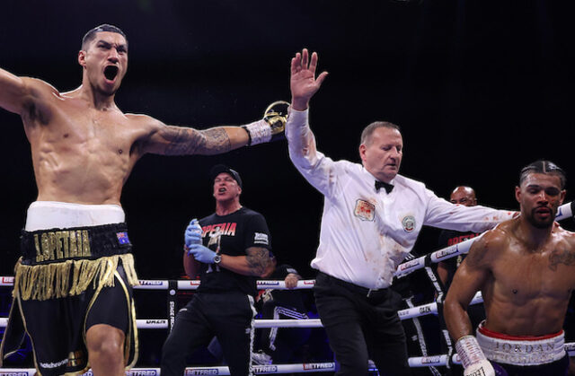 Jai Opetaia defeated Jordan Thompson in the fourth round to retain his IBF cruiserweight world title at Wembley on Saturday.  Photo: Mark Robinson/Matchroom Boxing