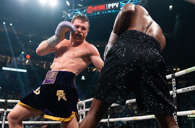 Canelo dropped Charlo in the seventh round Photo Credit: Ryan Hafey/Premier Boxing Champions
