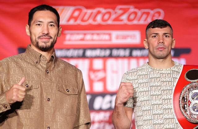 Janibek Alimkhanuly faces Vincenzo Gualtieri in a world middleweight title unification battle in Texas on Saturday Photo Credit: Mikey Williams/Top Rank via Getty Images