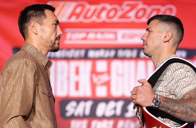 Janibek and Gualtieri came face-to-face at Thursday's final press conference Photo Credit: Mikey Williams/Top Rank via Getty Images