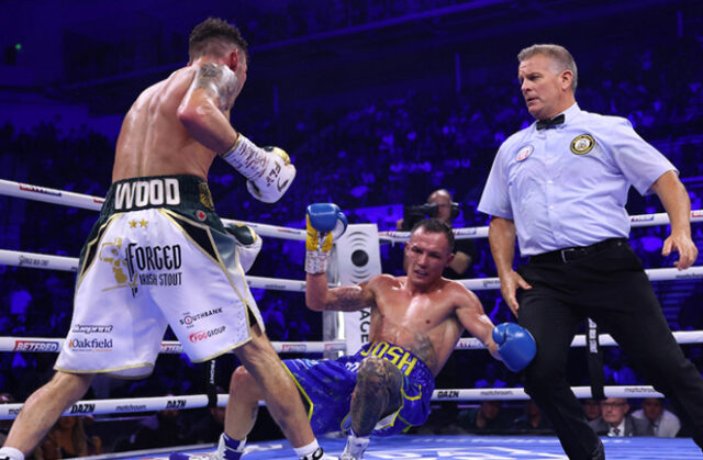 Leigh Wood made a dramatic stoppage of Josh Warrington in the seventh round in Sheffield on Saturday.  Photo: Mark Robinson/Matchroom Boxing