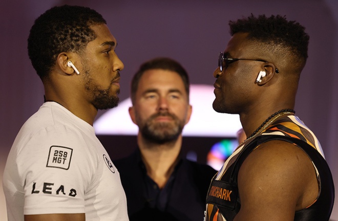 Joshua and Ngannou face-to-face at Wednesday's press conference Photo Credit: Mark Robinson/Matchroom Boxing