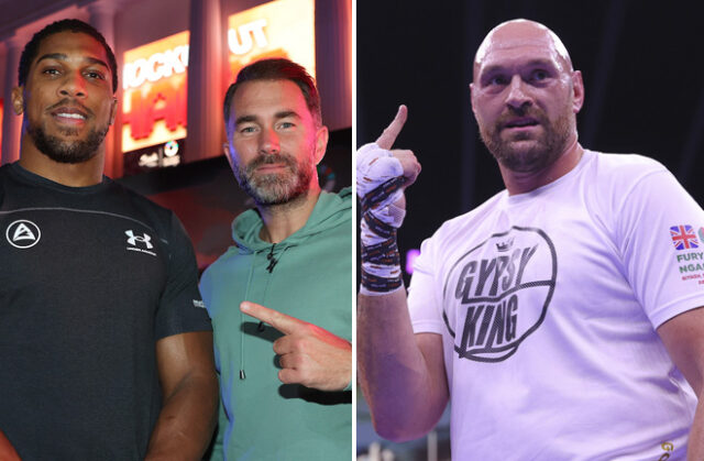 Eddie Hearn says Anthony Joshua will eventually face Tyson Fury and knock him out to become undisputed heavyweight world champion Photo Credit: Mark Robinson/Matchroom Boxing/Mikey Williams/Top Rank via Getty Images