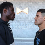 Hitchins and Lemos face-to-face ahead of Saturday’s showdown Photo Credit: Ed Mulholland/Matchroom