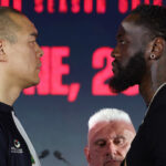 Wilder and Zhang face-to-face at Thursday’s press conference Photo Credit: Mark Robinson/Matchroom Boxing