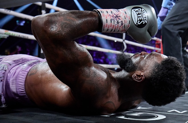 Martin was left on the canvas after being hit by a huge left hand from Davis.  Photo: Esther Lin/Premier Boxing Champions