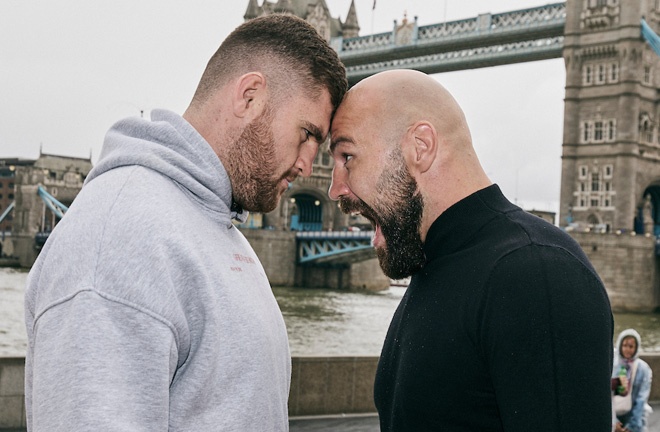 Fisher and Babic met face to face in London on Tuesday. Photo: Mark Robinson/Matchroom Boxing