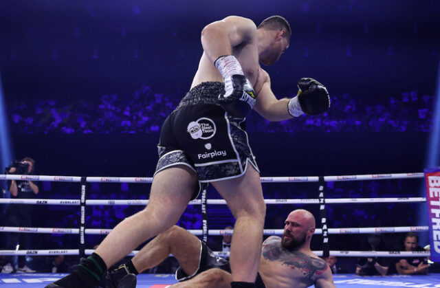 Johnny Fisher knocked out Alen Babic in the first minute of their fight at the Copper Box Arena on Saturday. Photo: Mark Robinson/Matchroom Boxing