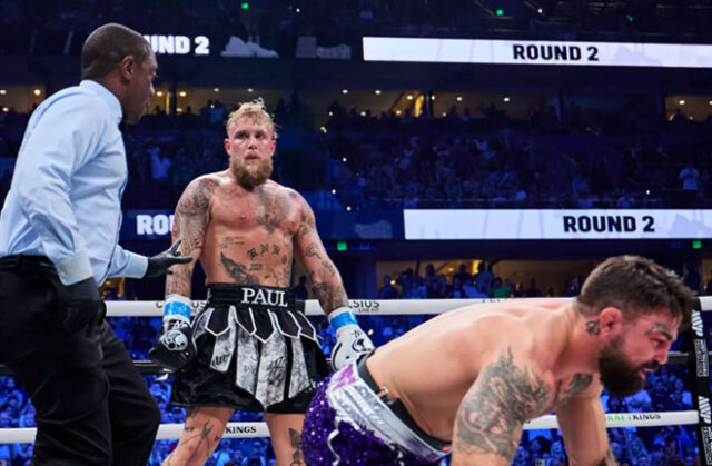 Jake Paul stopped Mike Perry in the sixth round of their cruiserweight fight in Tampa. Photo: Esther Lin, MVP Promotions