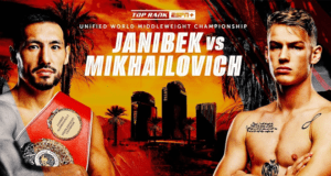 Janibek will defend his unified middleweight crown against Mikhailovich (Poster Credit: Top Rank)