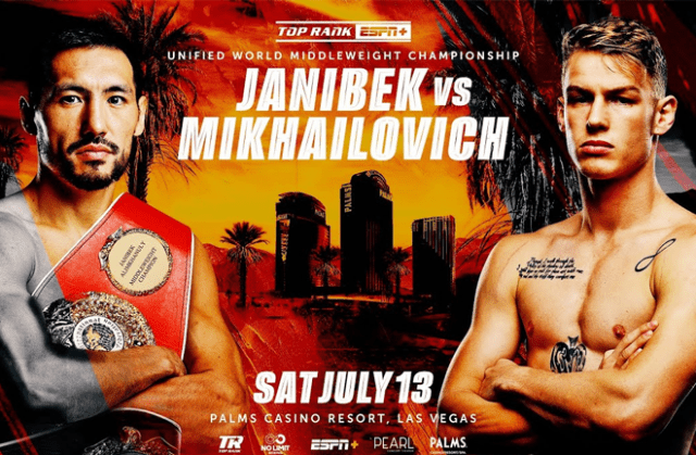 Janibek will defend his middleweight title in the fight against Mikhailovich (Poster source: Top Rank)